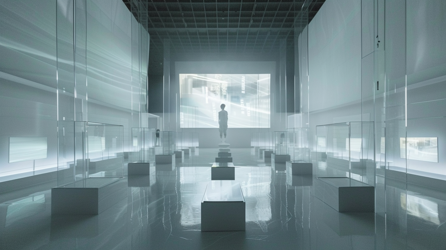 person surrounded by glass screens and VR headset