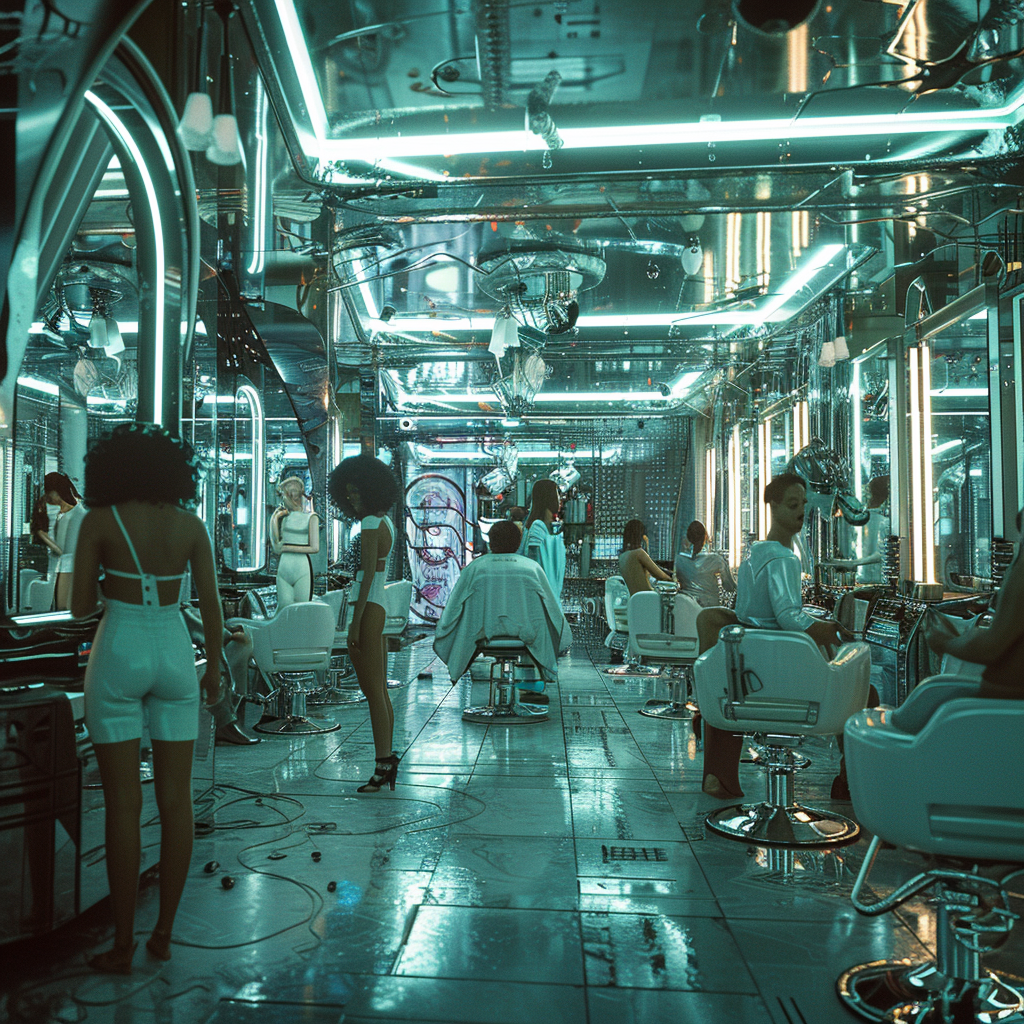 futuristic hair salon scene 2035