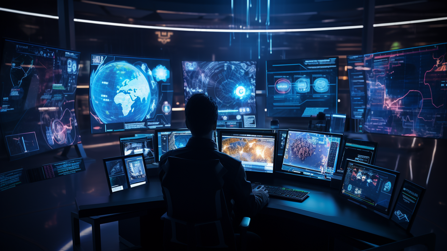 Futuristic high-tech command center with holographic displays