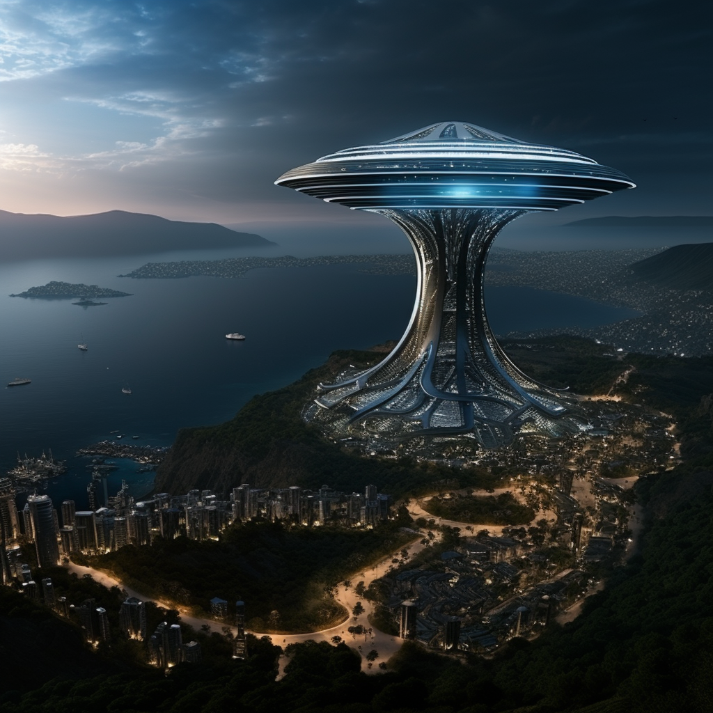 Striking futuristic building on hillside overlooking port city