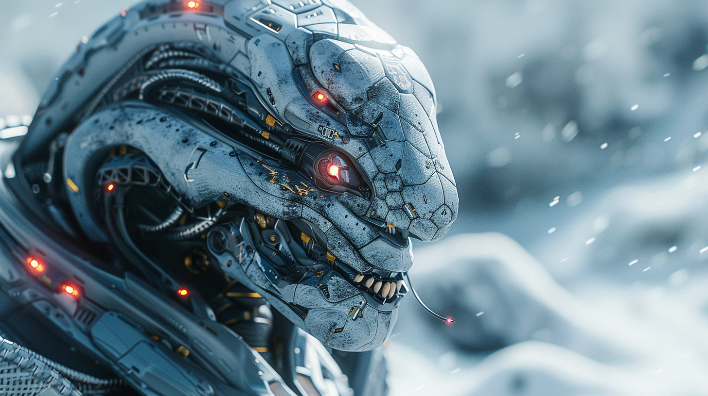 Cobra head humanoid with laser gun on snow