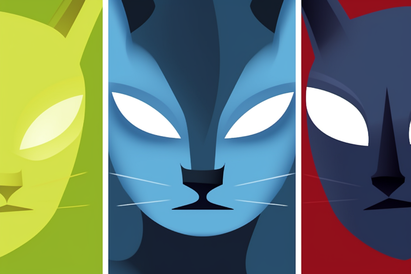 Futuristic cat faces in primary colors