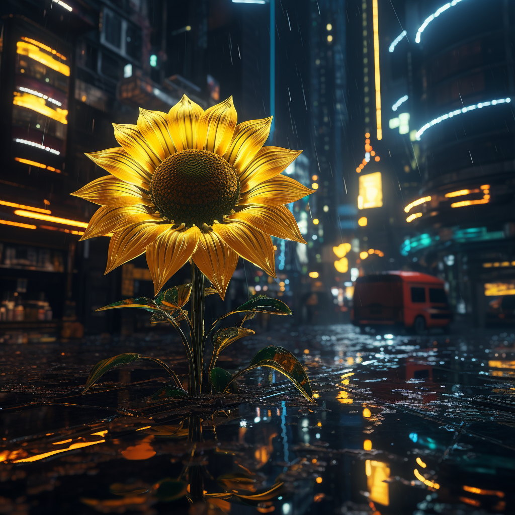 Closeup of a Realistic Sunflower on Futuristic Cyberpunk Street