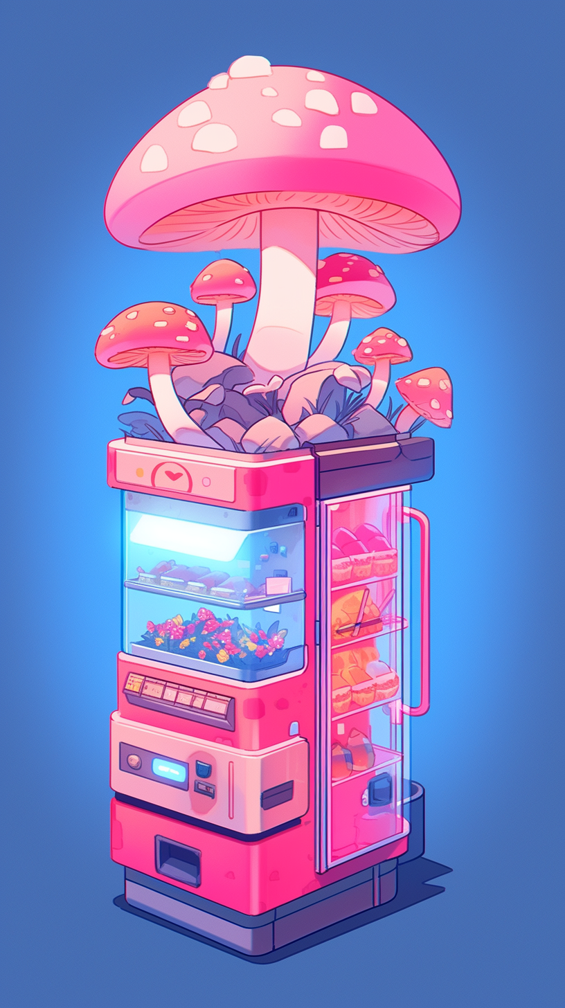 Isometric view of a futuristic Japanese mushroom vending machine