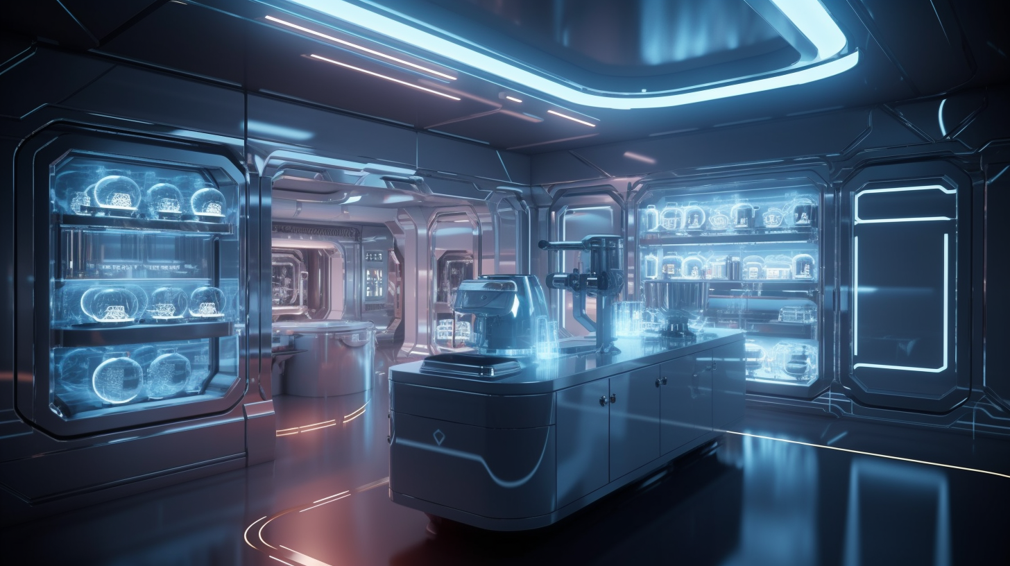 Futuristic kitchen in spaceship with holographic control panels