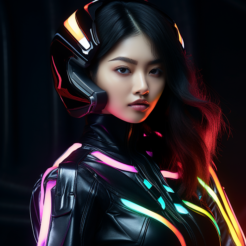 Young Korean woman in futuristic motorcycle suit