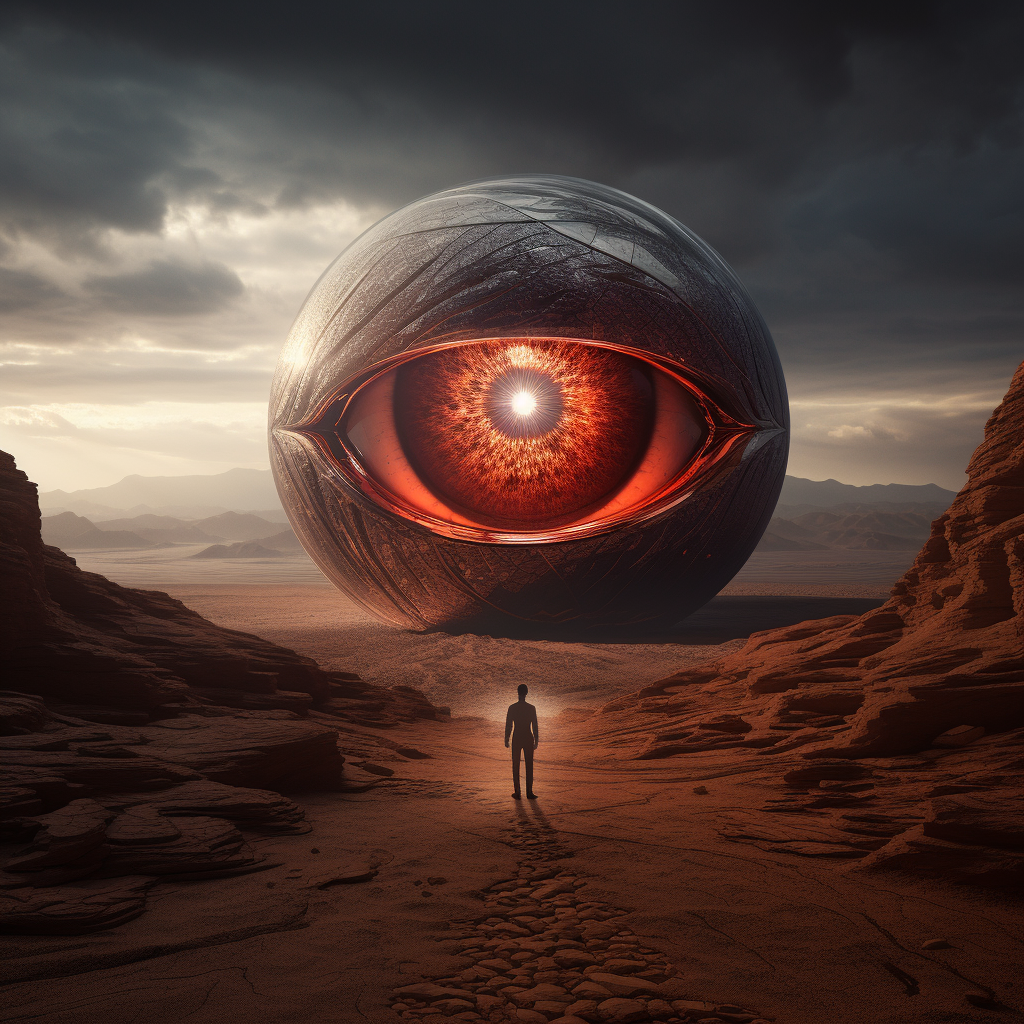 Futuristic landscape with huge eyes on Mars