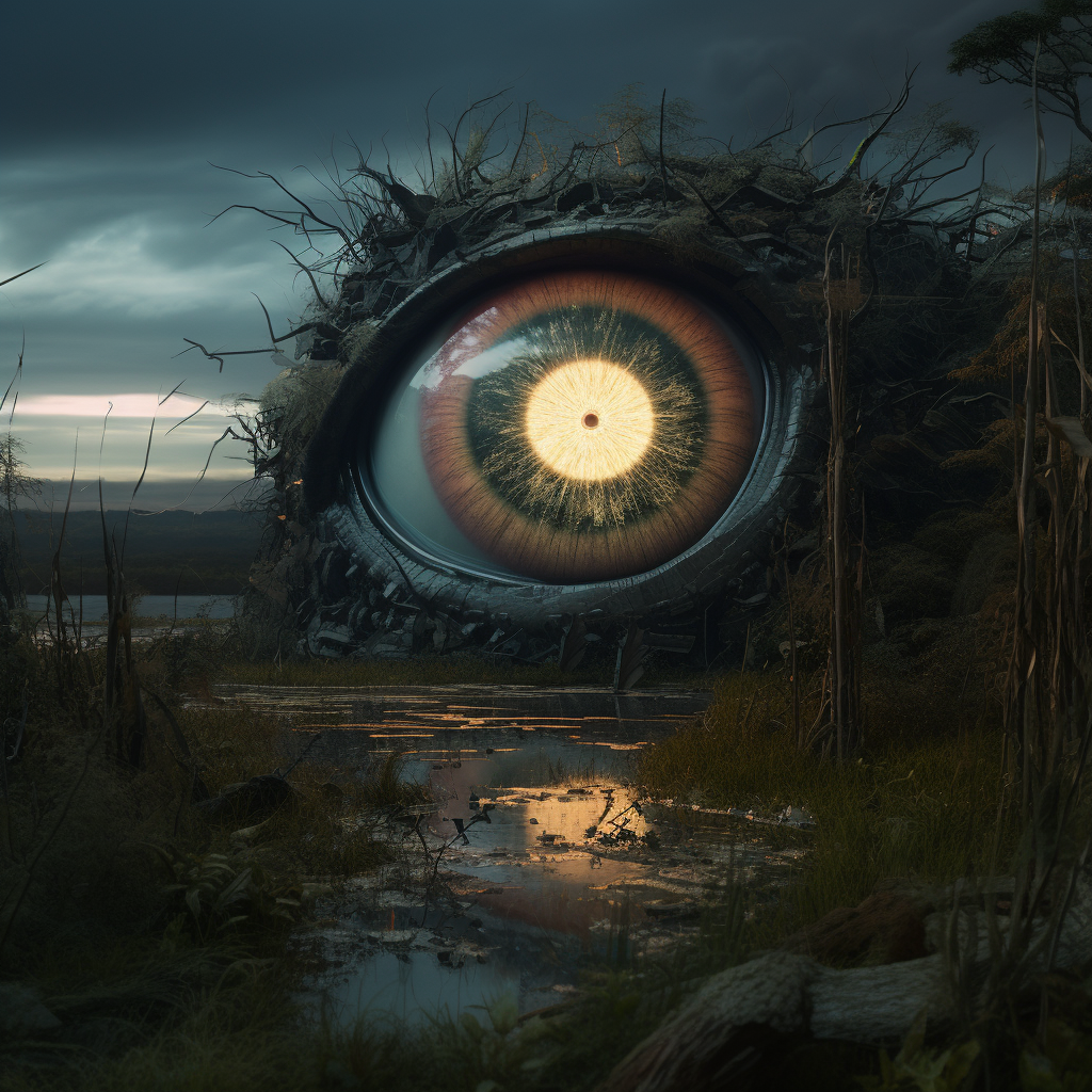 Futuristic landscape with huge eyes and cinematic lighting