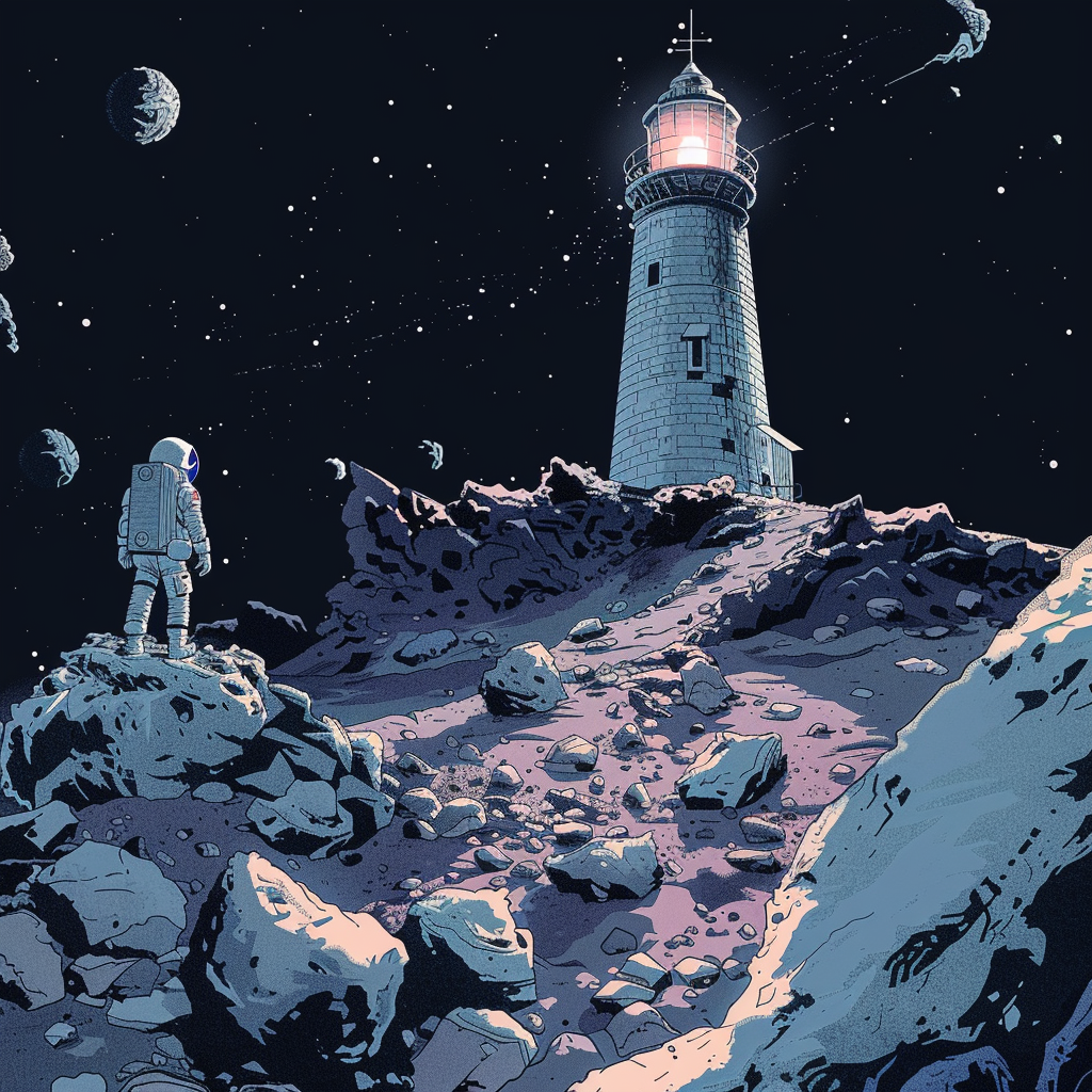 astronaut futuristic lighthouse asteroid space