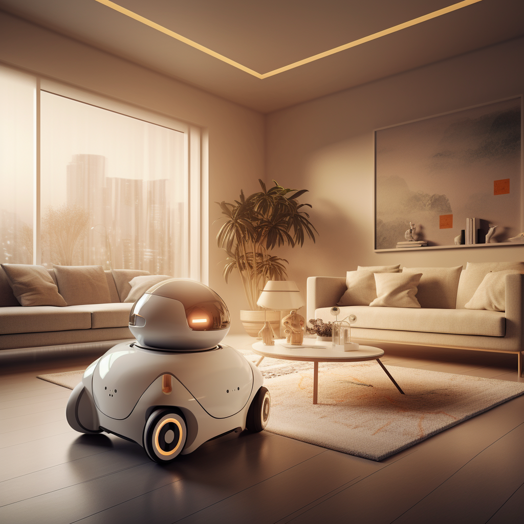 Sleek Robot and Toy Car in Futuristic Living Room