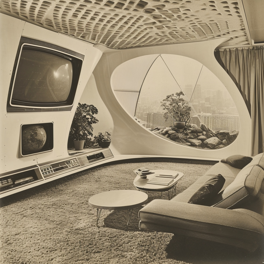 Sepia futuristic living room scene