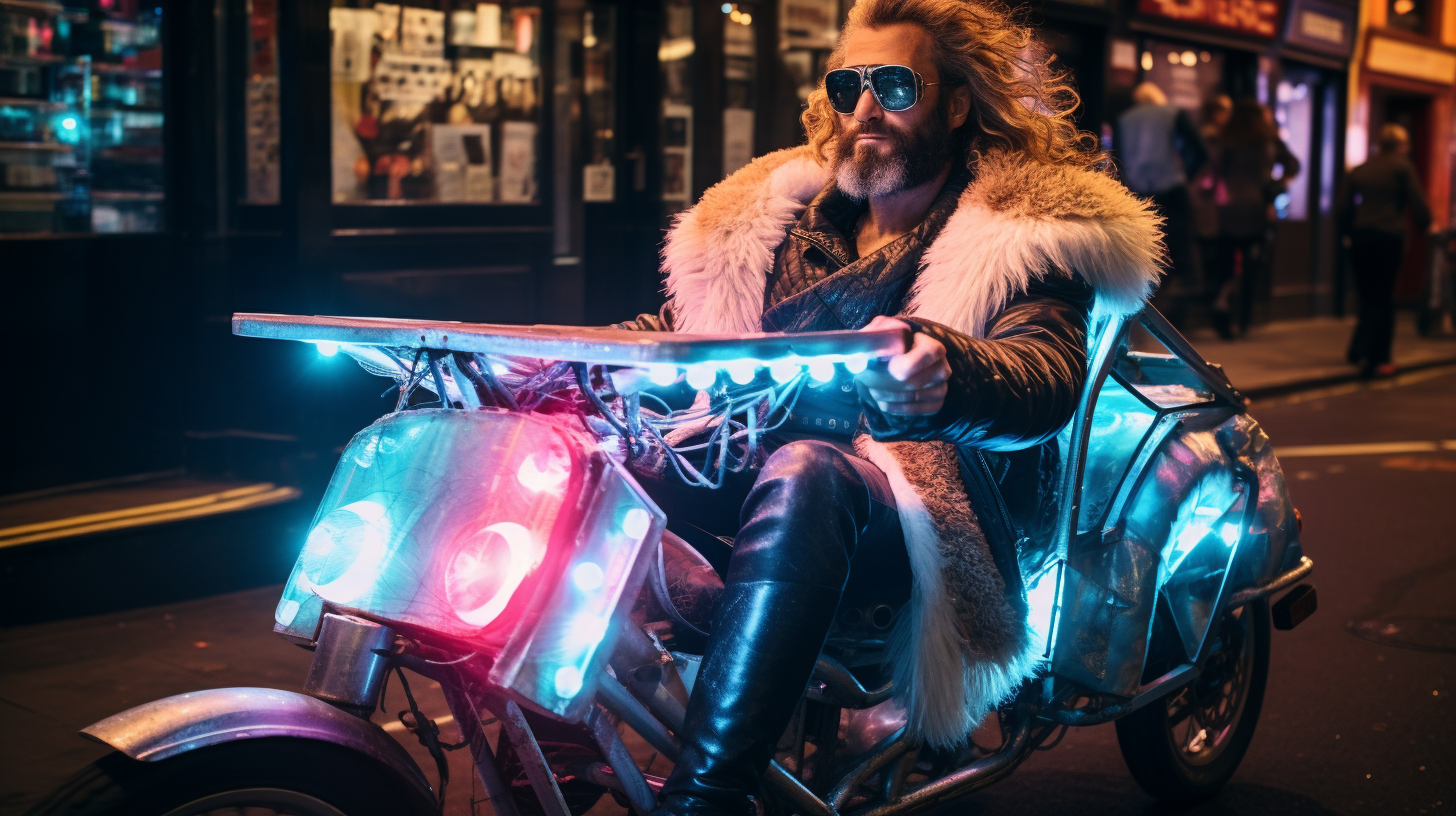 A futuristic pedicab adorning fur and neon lights