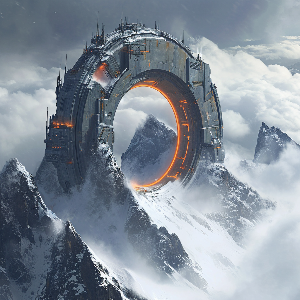 Futuristic massive circular structure on snow mountains