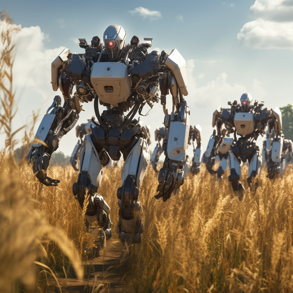 Futuristic mech robots marching farmer's field