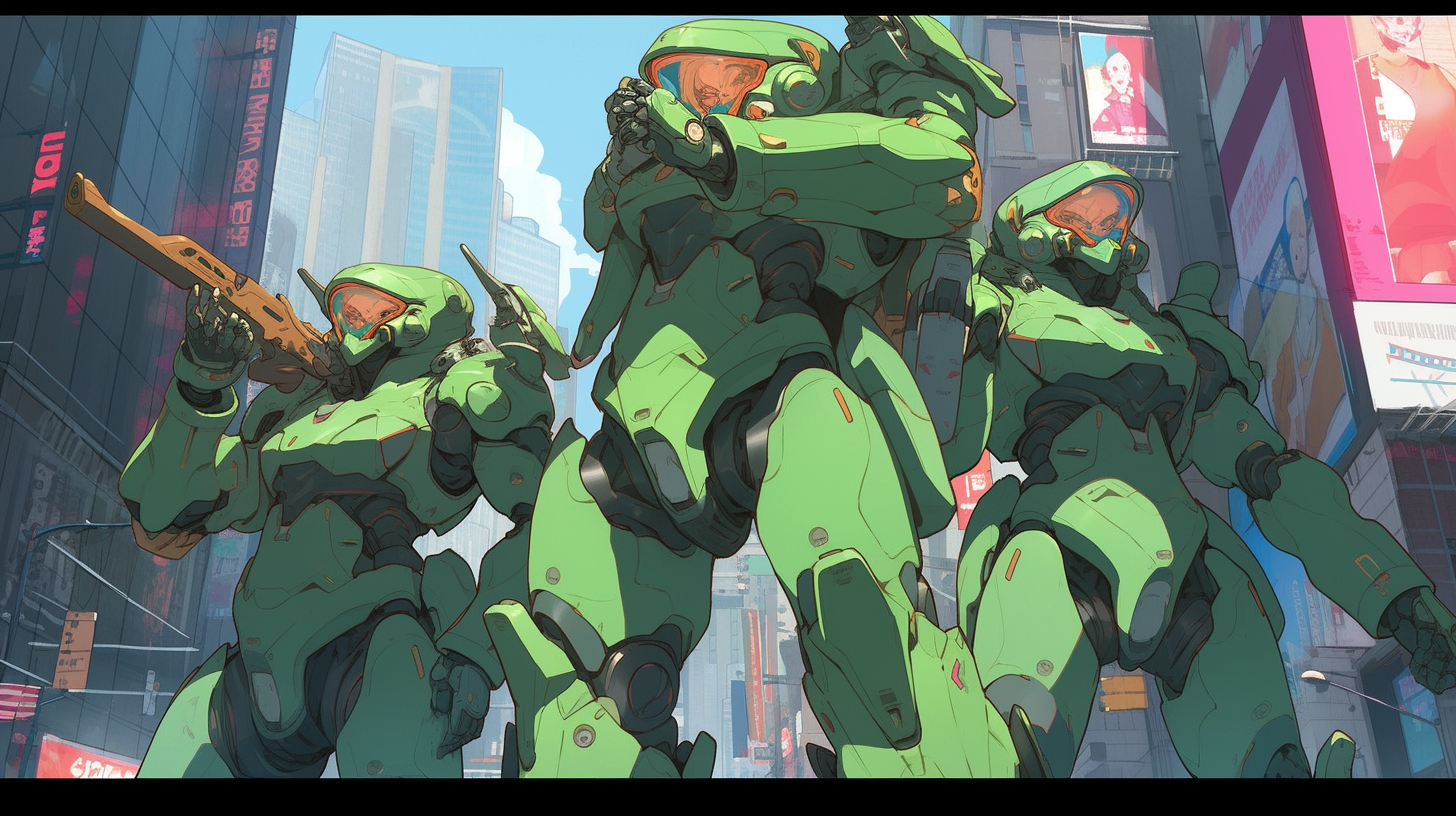 Three Mecha frogs with futuristic weapons at Times Square