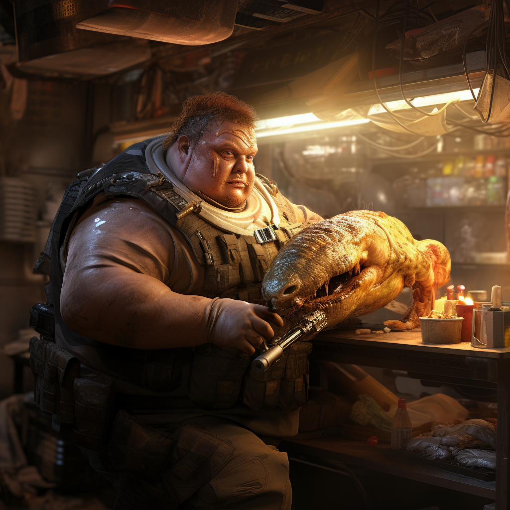 Fat mercenary eating shawarma and shooting zombie toasters