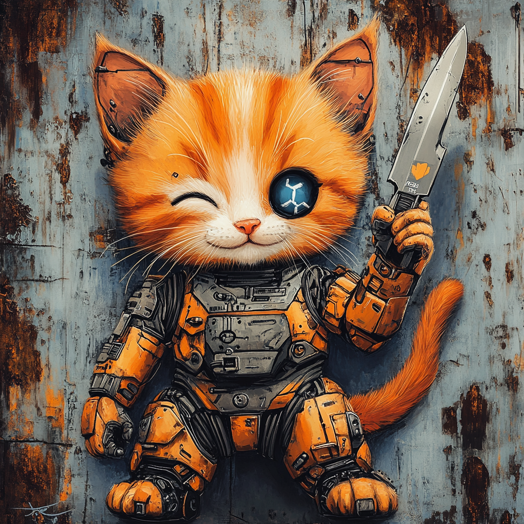 Orange Cyborg Kitten with Mercenary Logo