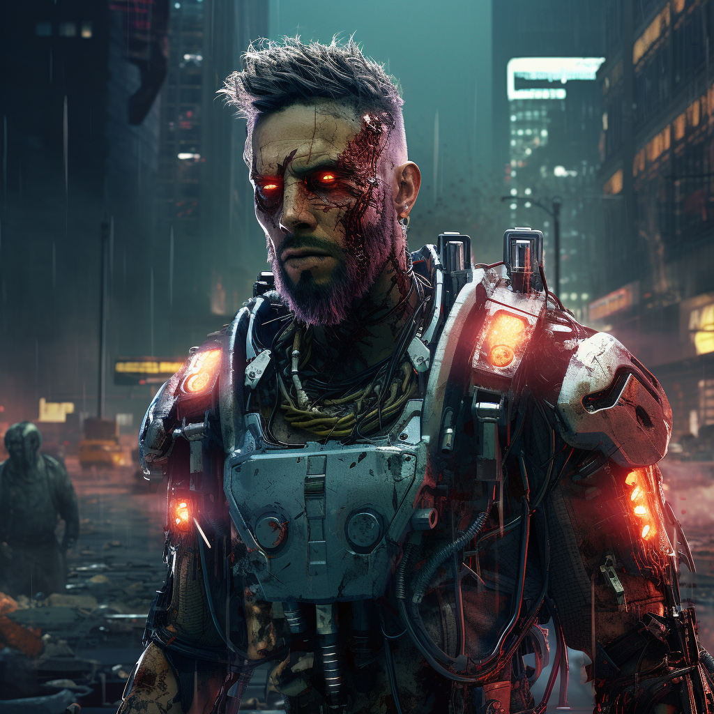 Futuristic mercenary battling zombie toasters in cyberpunk city