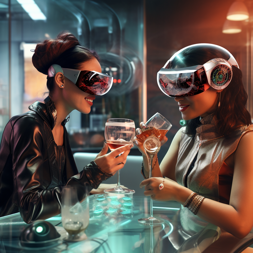 Latin women enjoying futuristic augmented reality drink