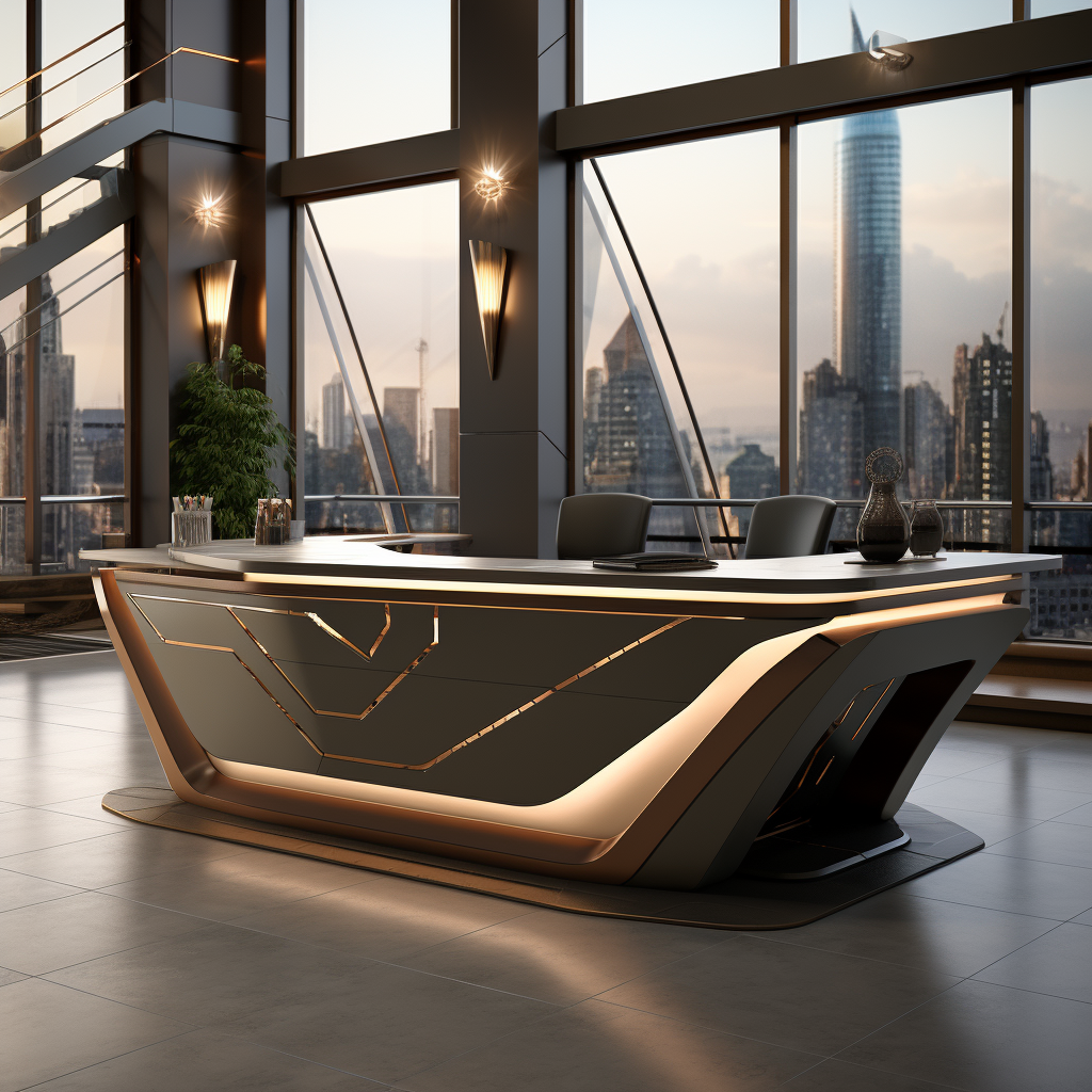 Upscale futuristic concierge desk with bronze wood and marble