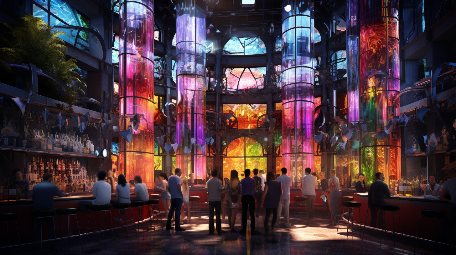 Vibrant futuristic Mexican bar with partygoers