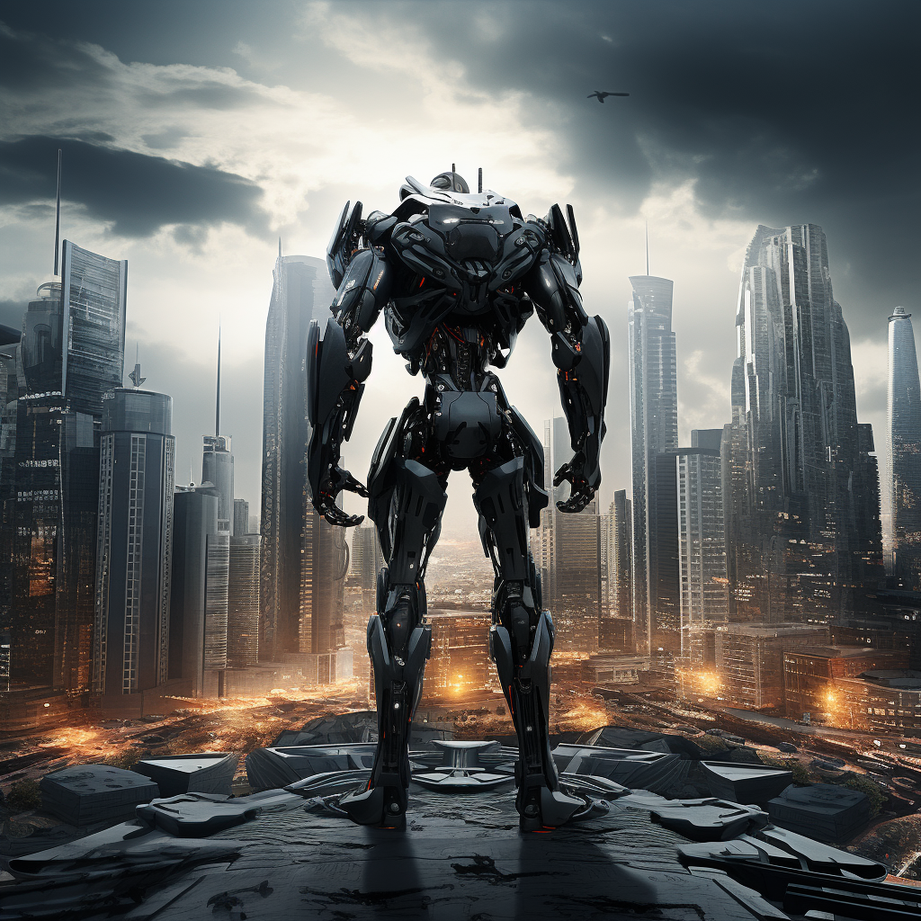 Sleek and menacing futuristic mini-robot in apocalyptic cityscape