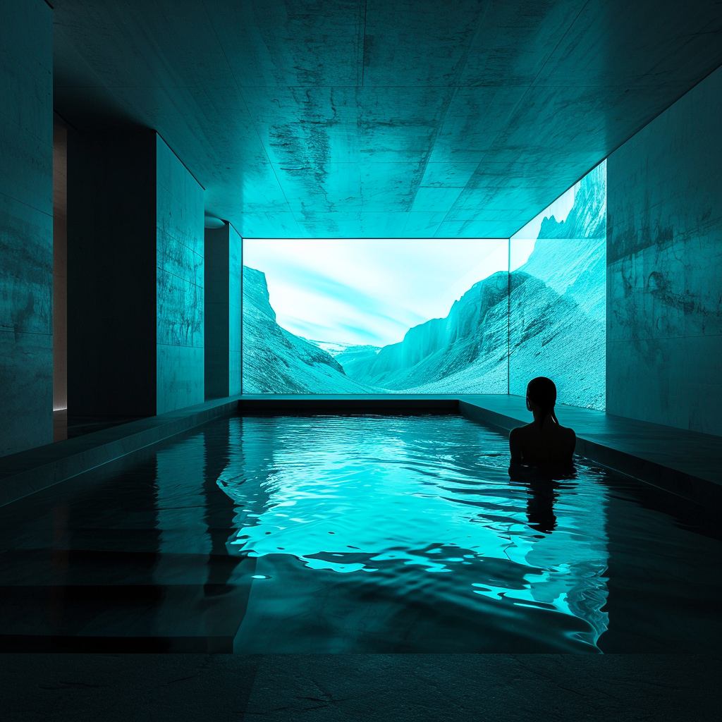 Woman relaxing in futuristic minimalist spa