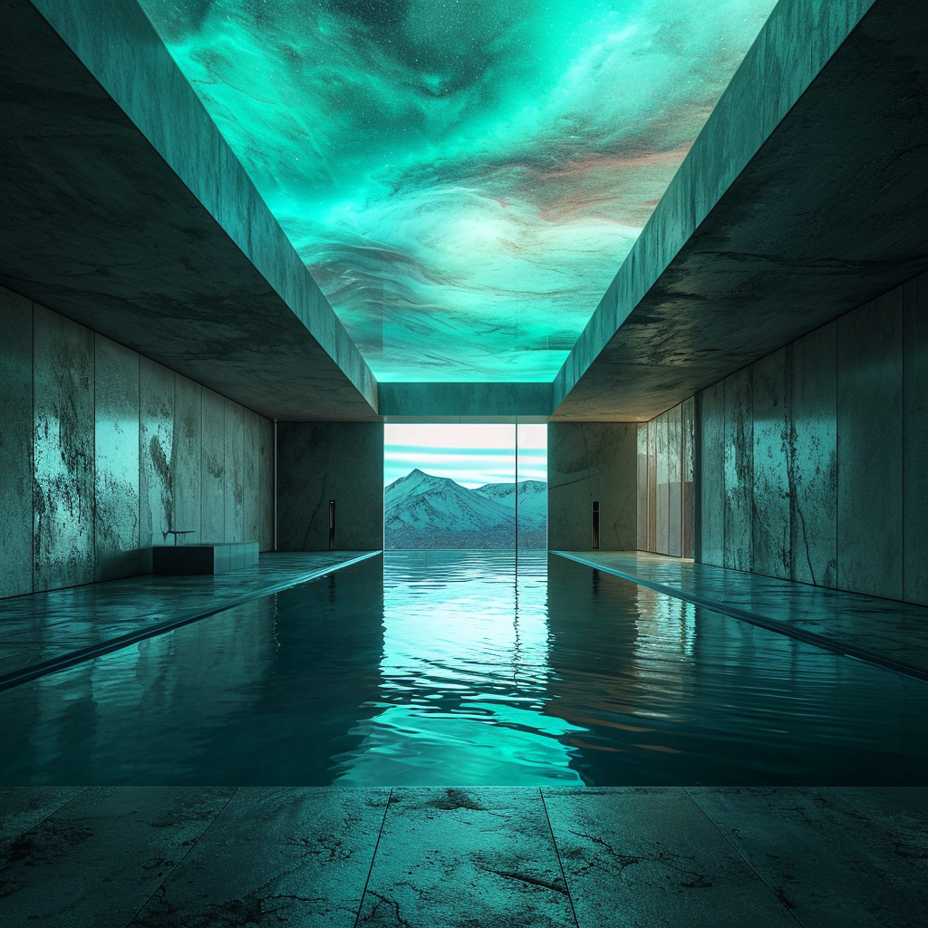 Futuristic minimal spa with teal-lit pool