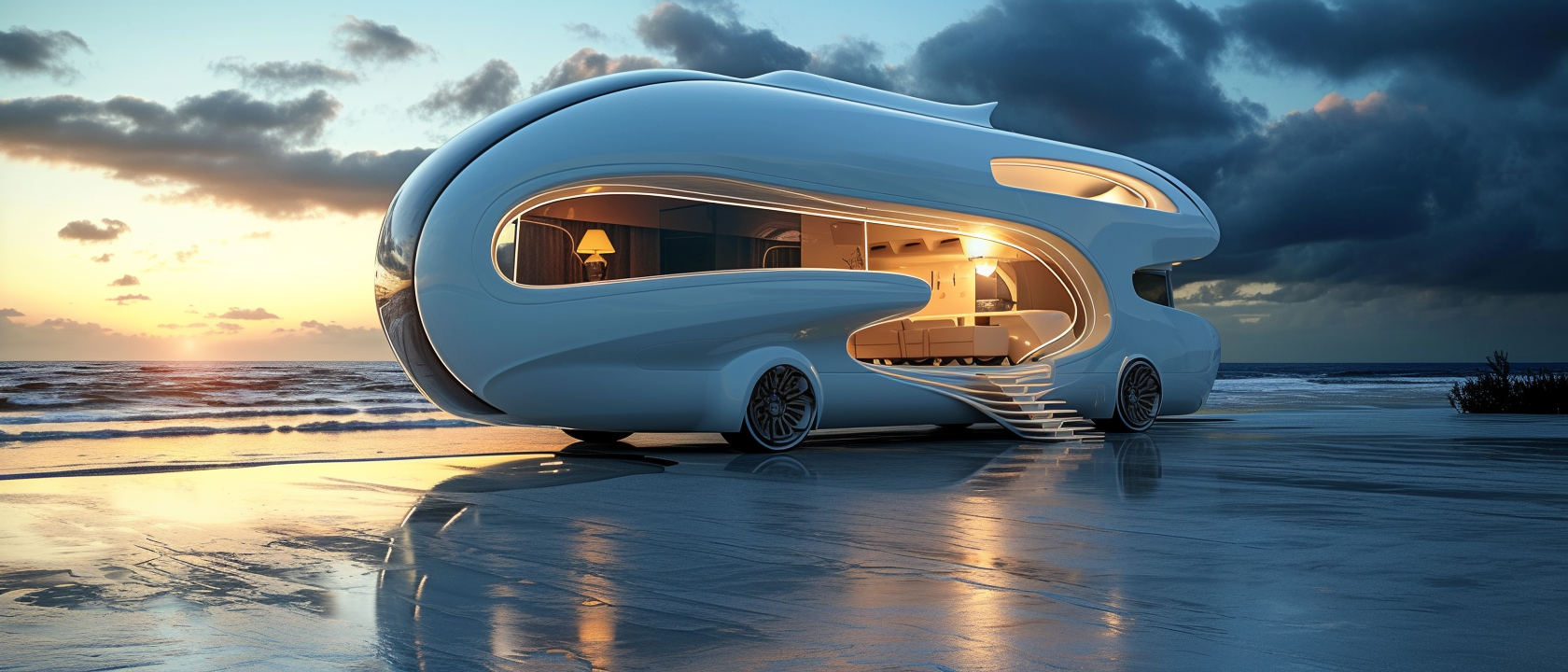 White futuristic mobile camper van