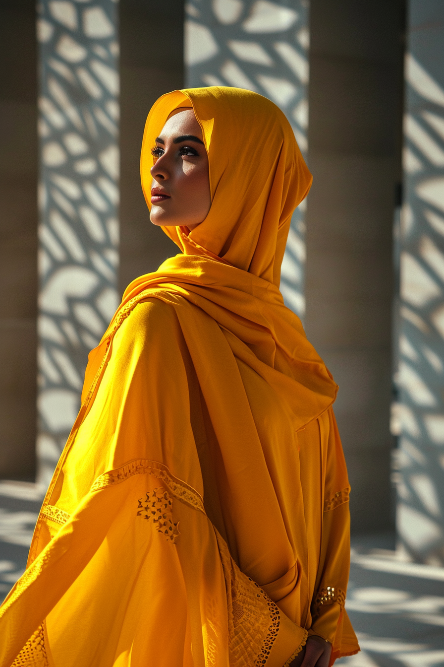 Beautiful Muslim woman in futuristic yellow outfit