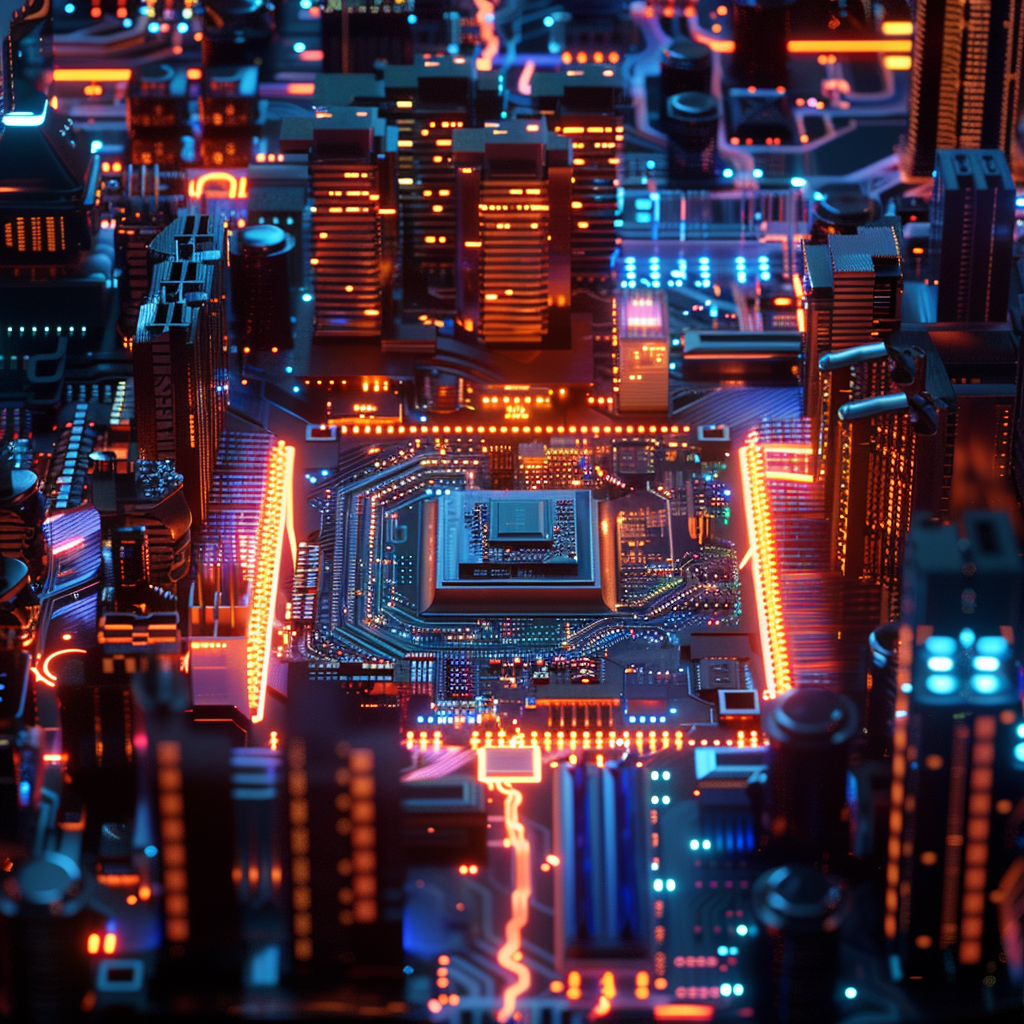 Futuristic neon city conductor CPU