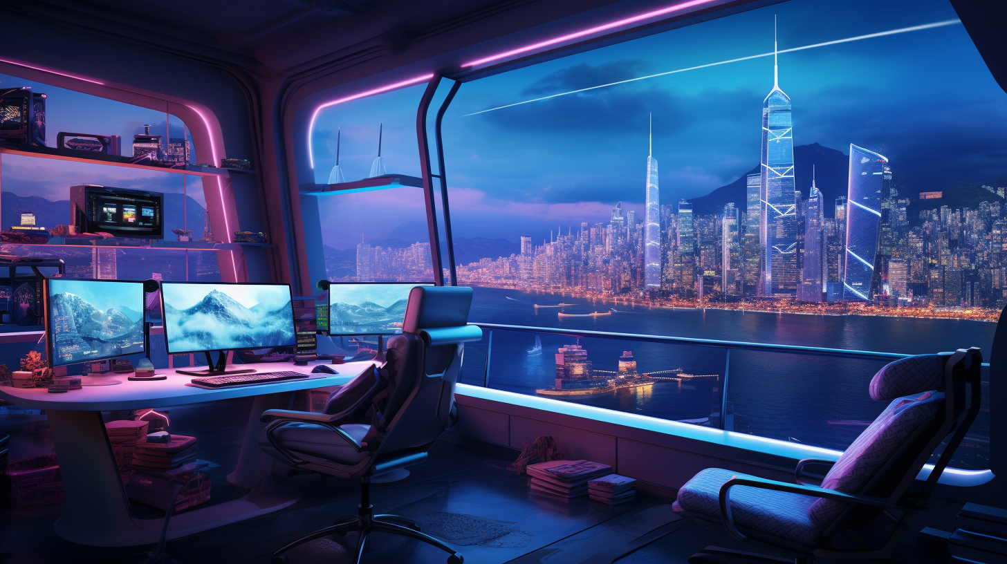 Futuristic apartment with hacker code on multiple screens