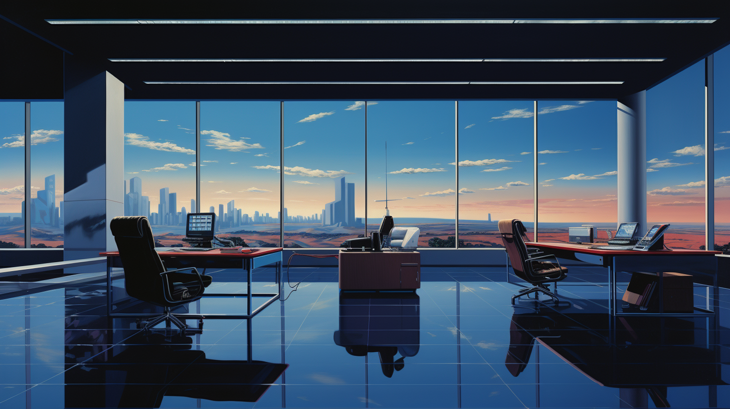 Futuristic office space with large windows and 1980s illustration