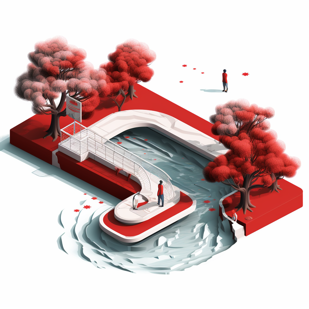 Isometric illustration of a futuristic park edge at the water