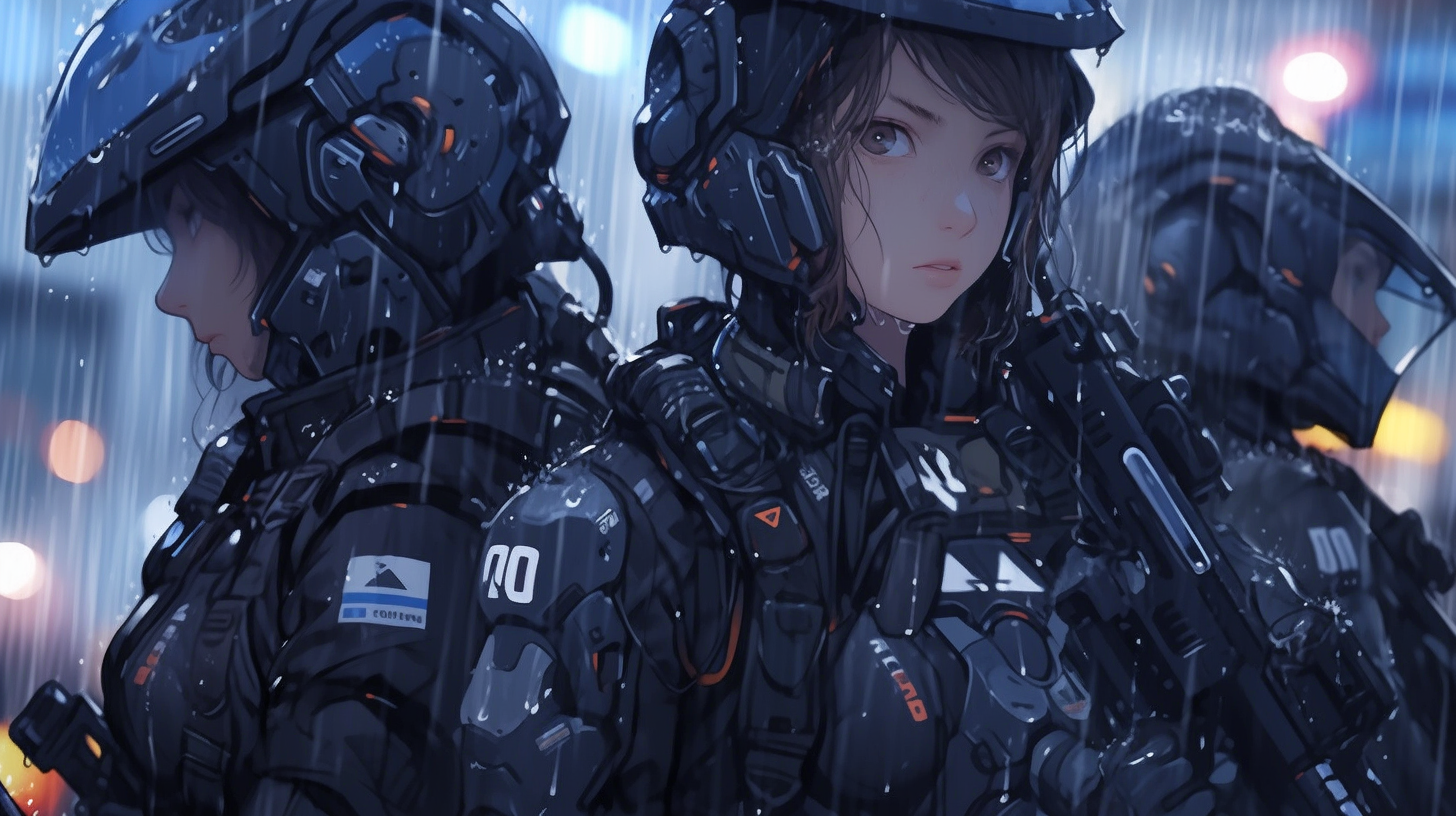 futuristic police officers in rain city