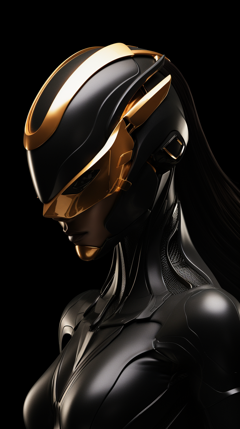 Futuristic Power Ranger Girl in Black Gold Helmet