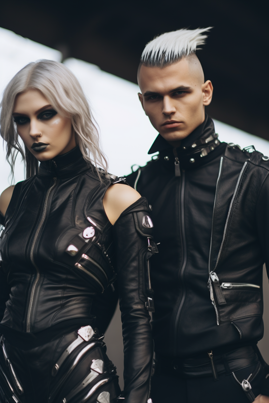 Futuristic punk male and female in black uniforms