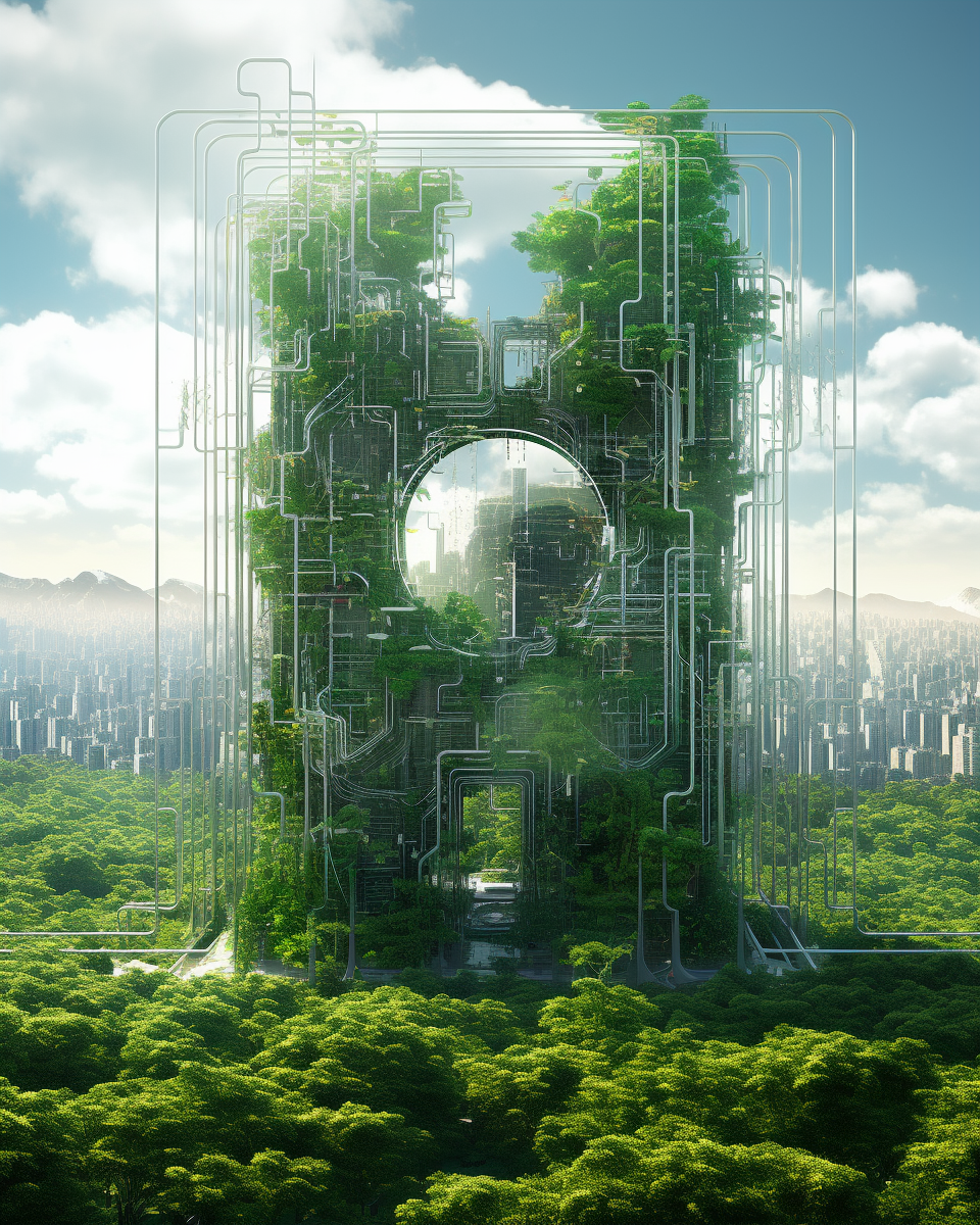 Futuristic Quantum Computer in Overgrown City