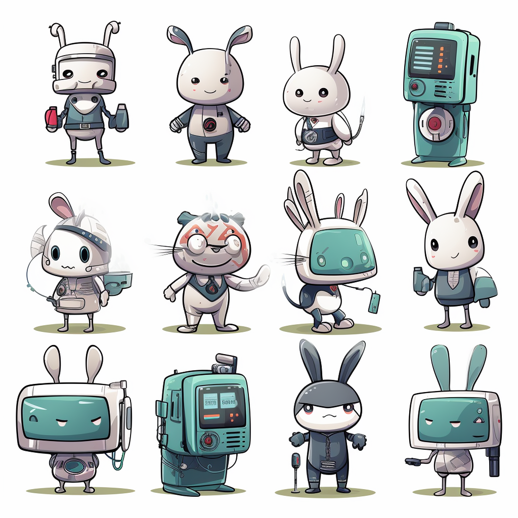 Cartoon futuristic rabbit humans with home appliances