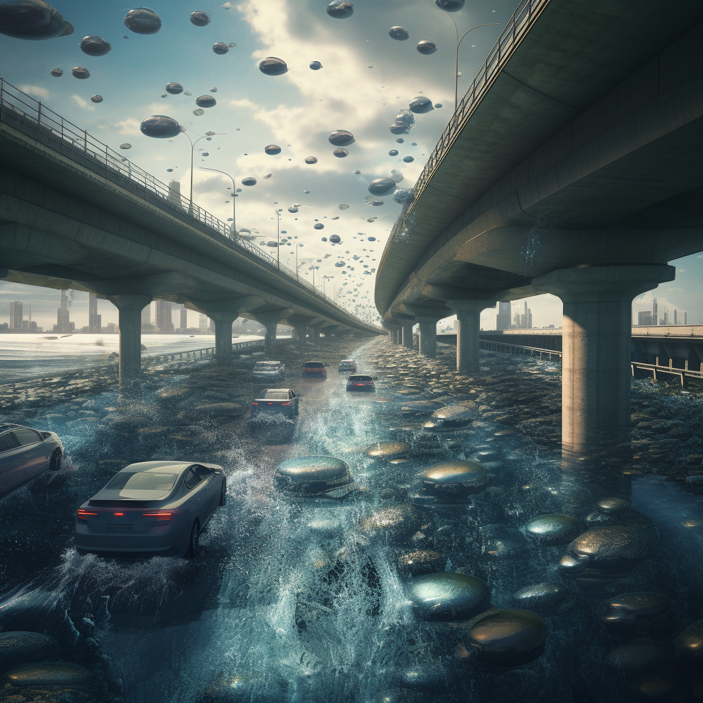 Futuristic Realistic Overpass Cars Water