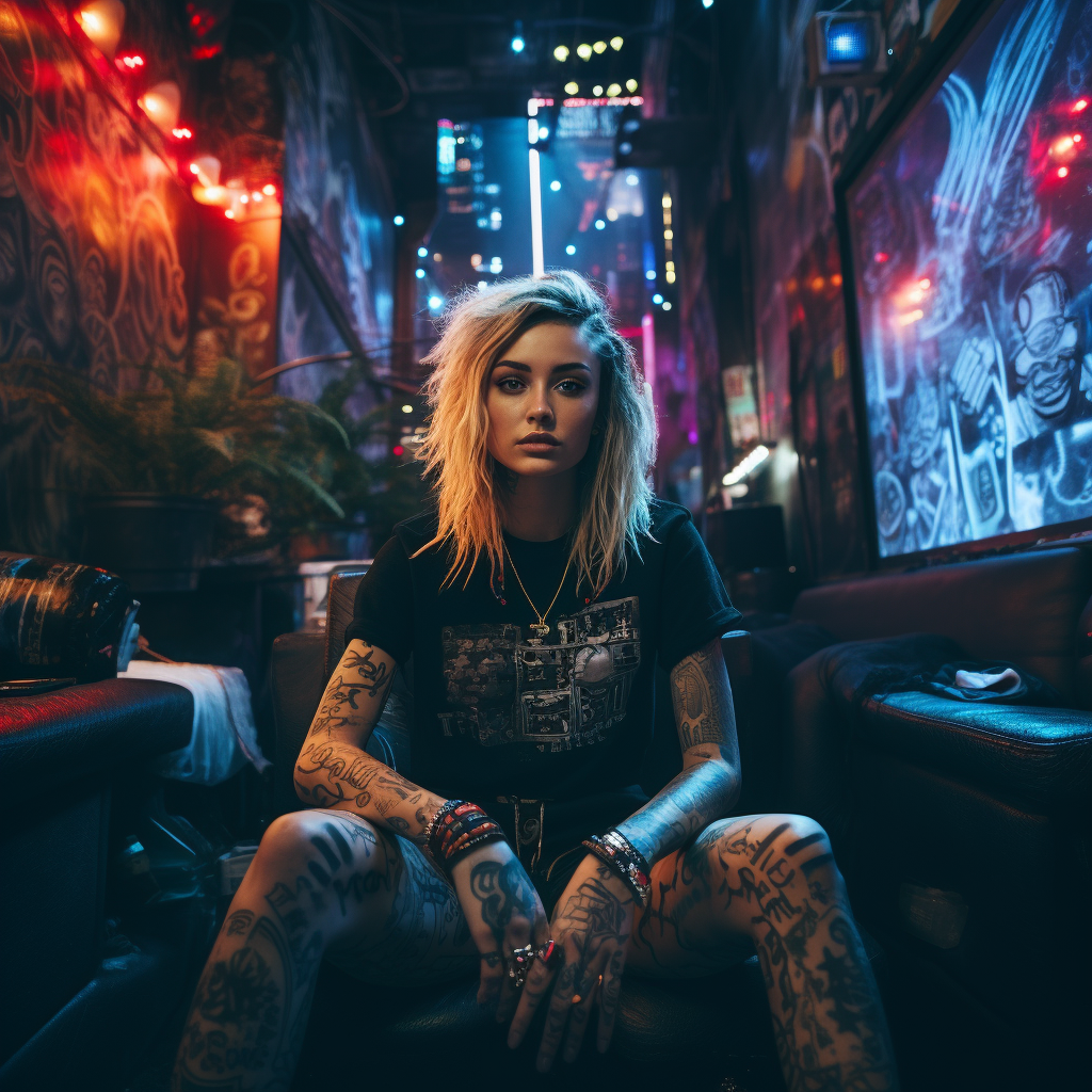 Rebel with neon tattoos in futuristic city