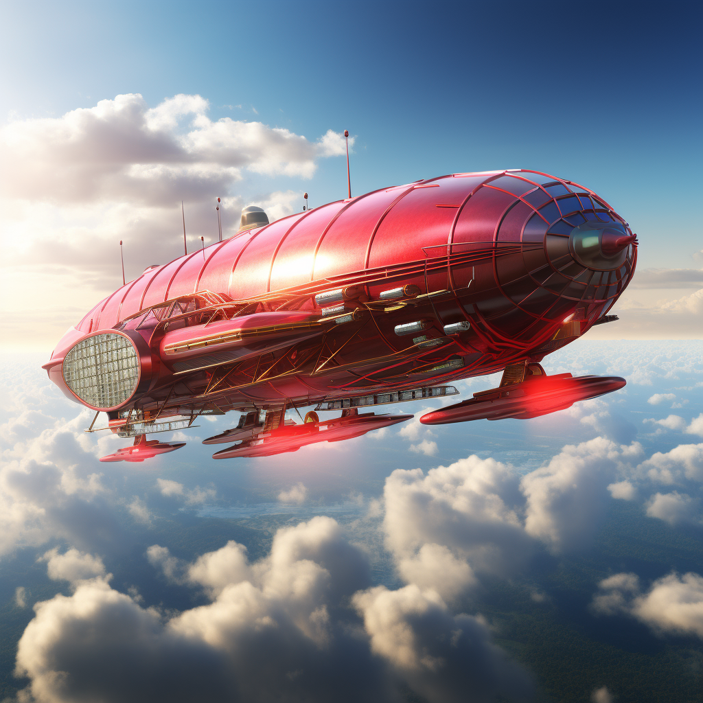 Futuristic red airship blimp flying high