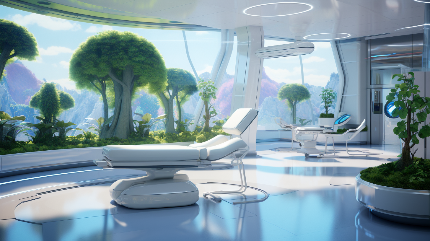 Futuristic rehabilitation room with tables and plants