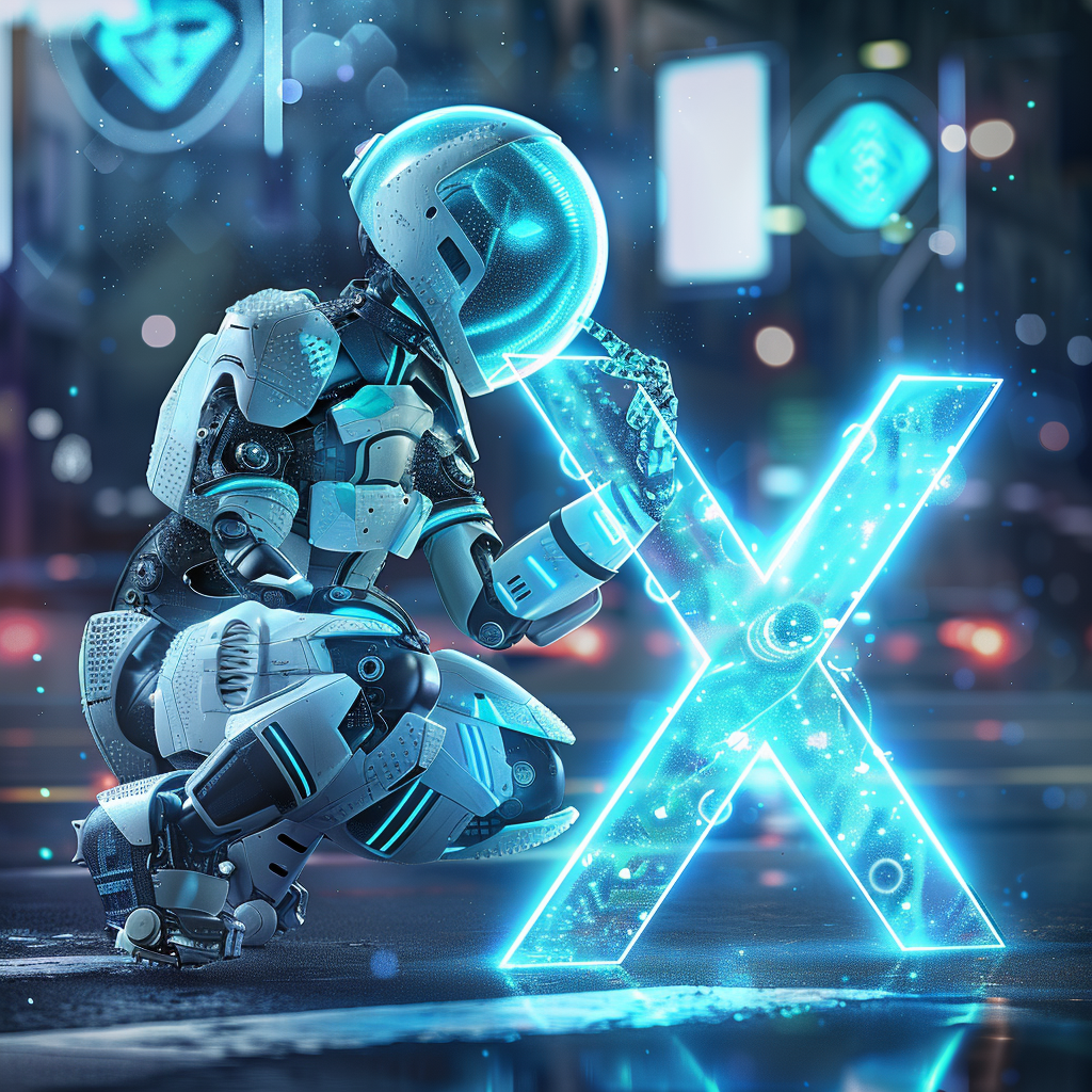 Robot examining blue letter X