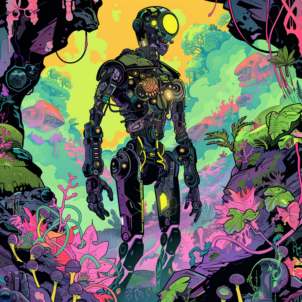 Detailed colorful comic-style futuristic robot