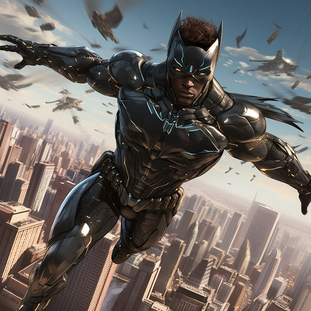 Futuristic Robotics Batman Leaping Between Tall Buildings