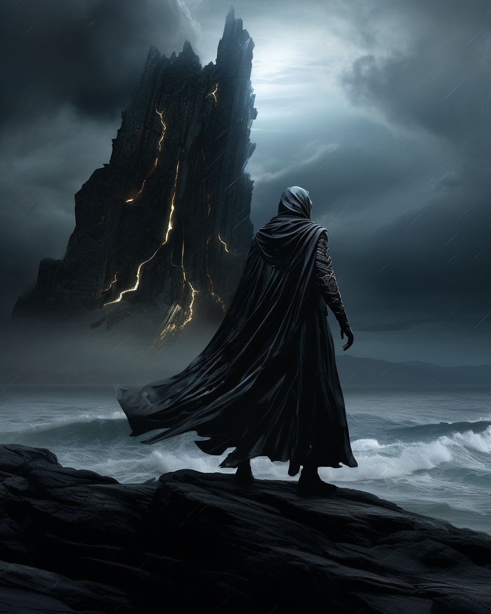 Character with Cape among Dark Futuristic Rocky Waves