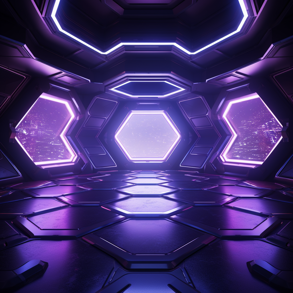 Futuristic purple-lit room with hexagon