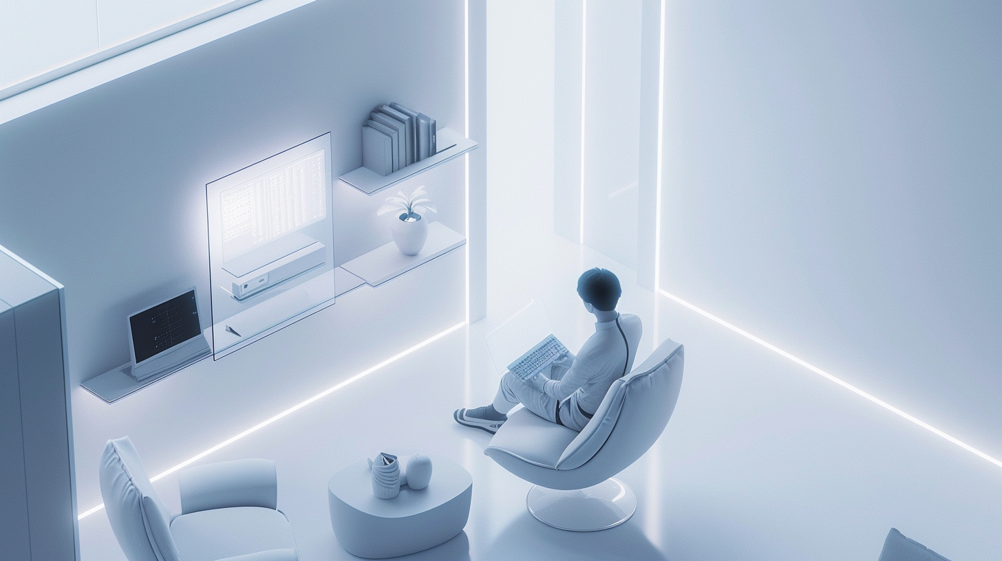 Person using computer in futuristic room