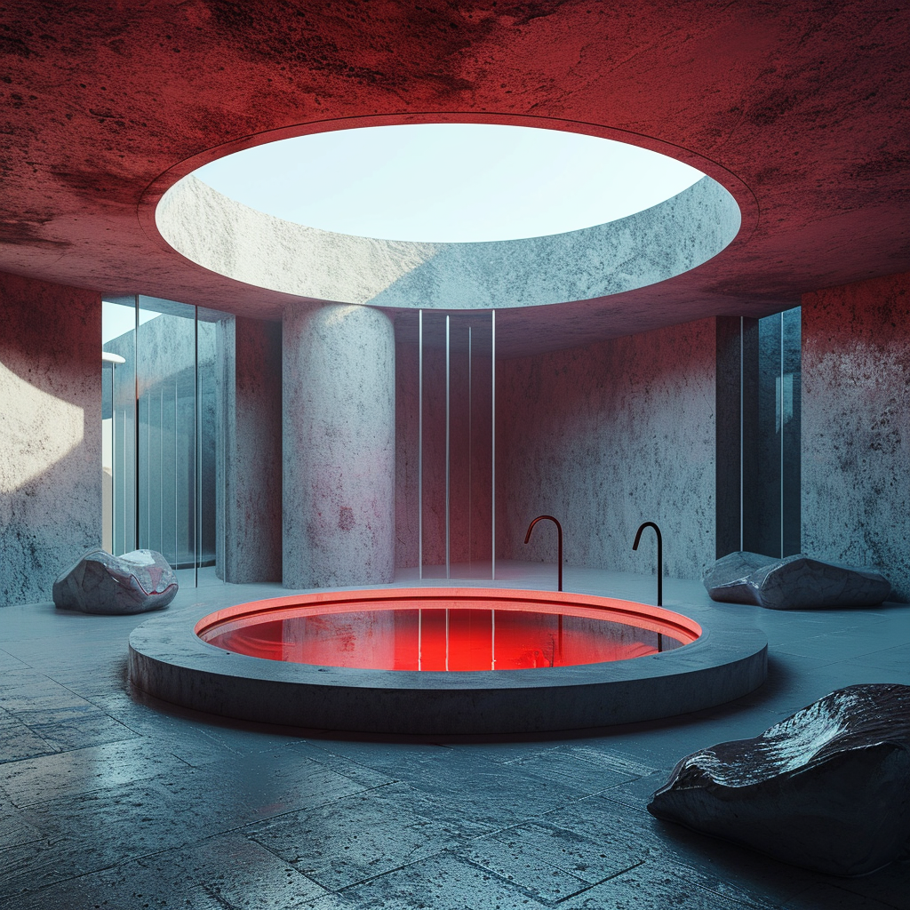 Futuristic round luxury spa room with circular pool